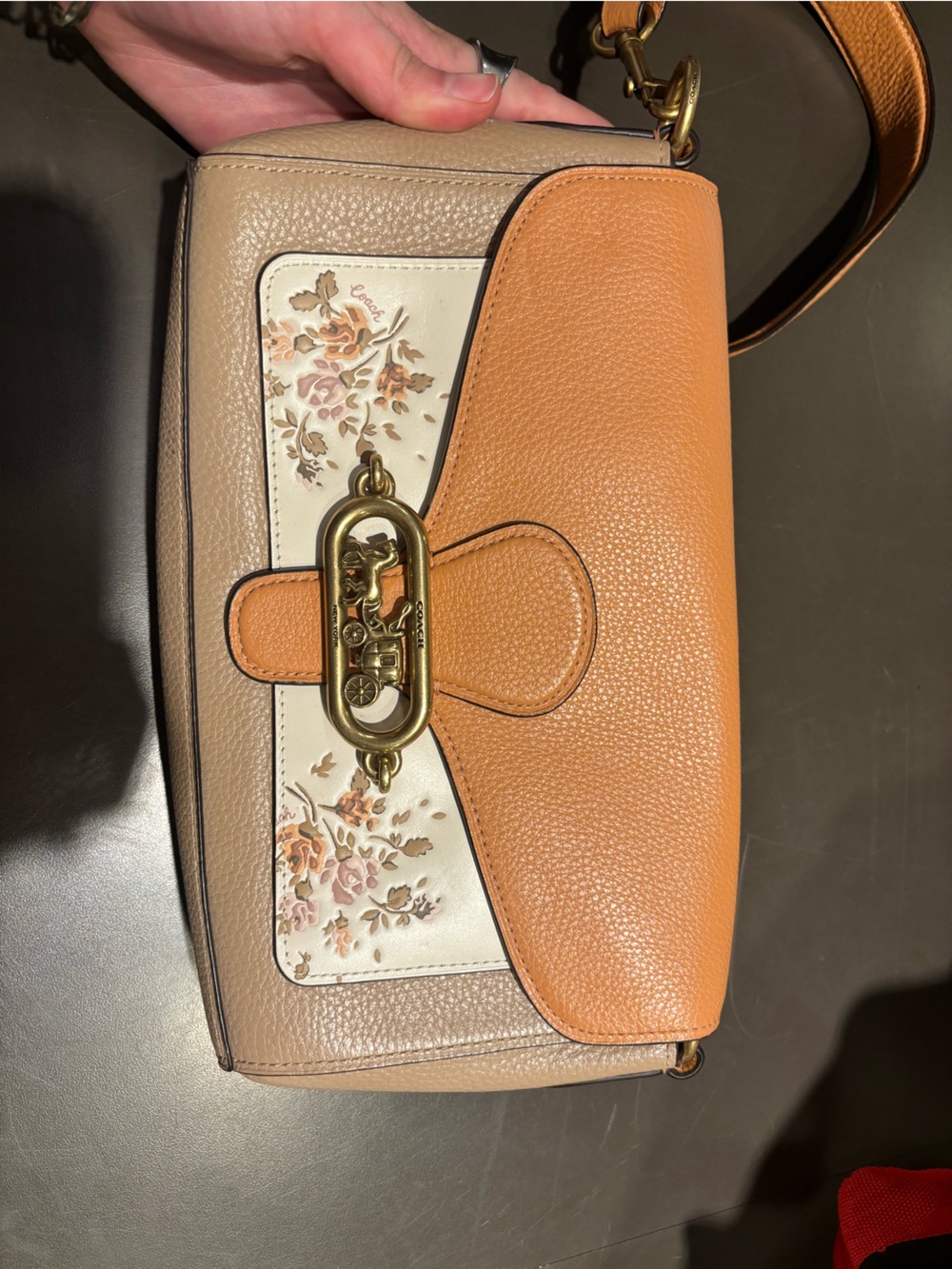 Coach Two-Tone Floral Leather Crossbody in Tan and Cream